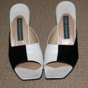 Mark Schwartz Italian Black Pony White Leather Heel Sandal Shoes Italy Size 7B